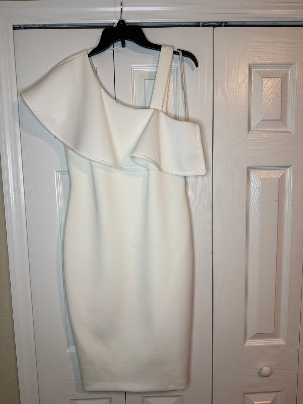 Calvin Klein Ivory One-Shoulder Ruffle Sheath Dress